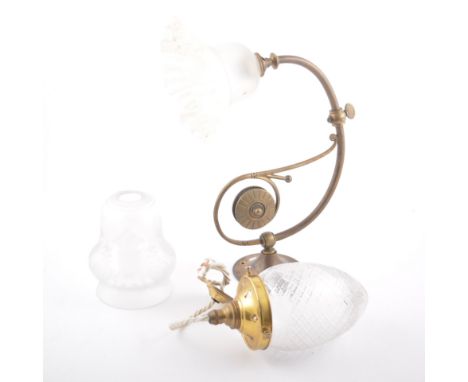 Edwardian 'Rise and Fall' centre light fitting with milk glass shade, brass wallmounted 'gas' lamp light fitting, and four ot