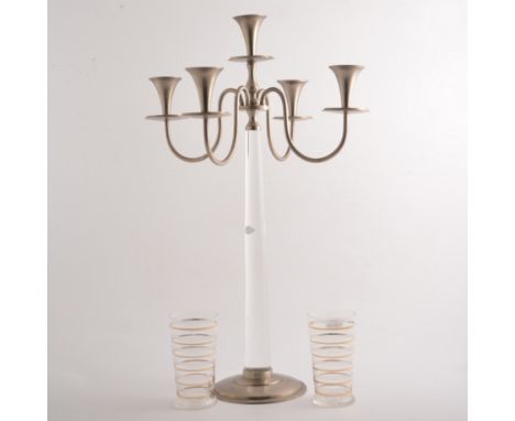 Old wooden basin, diameter 39cm, glass candle sticks, glass and metal candelabra and pair of childs tap shoes, etc.