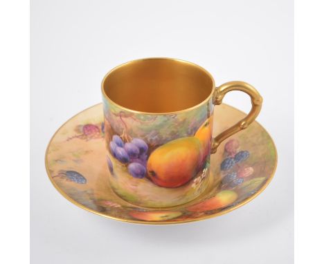 Royal Worcester coffee can and saucer, hand-painted with fruit, the coffee can 5.5cm, painted by Harry Davies, the saucer pai