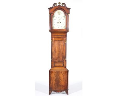 Mahogany longcase clock, swan-neck pediment, fluted colums, short door flanked by 1/4 Corinthian columns, splayed bracket fee