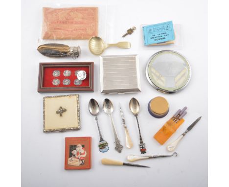 A basket of vintage collectables, a silver engine turned cigarette case 8.5cm square, hallmarked Birmingham 1929, approximate