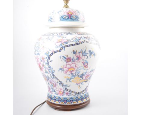 Pair of pottery baluster shape vases, Chinese style, serving as lamp bases, floral decoration, 46cm.