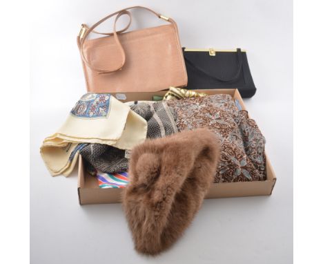 Vintage handbags and Scarves by Bally, Celine Paris, Testi, etc, three photograph frames.