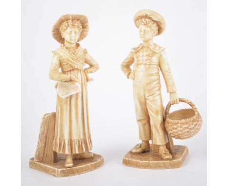 Pair of Royal Worcester figures, No.893, boy and girl, each carrying a basket, printed and impressed marks, 22cm, girl with d