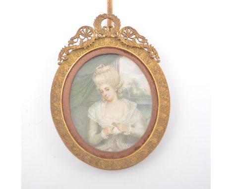 Italian School, three-quarter length portrait of a lady by a window, miniature, 9cm x 7cm, brass frame.