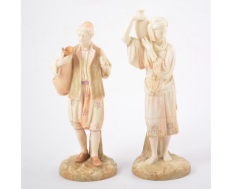 Pair of Royal Worcester figures, ivory ground, with enamelled water carriers, 22cm.