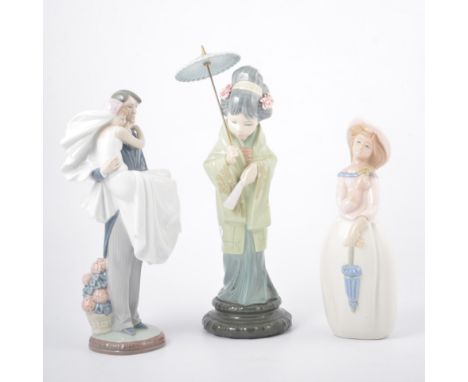 A collection of Lladro, a Japanese Geisha girl with parasol, 31cm high, a Bride and Groom 27cm, impressed 5282, a goose , a b