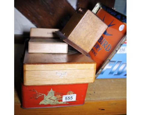 CIGAR BOXES AND MONEYBOX. Collection of wooden cigar boxes and a vintage wooden moneybox