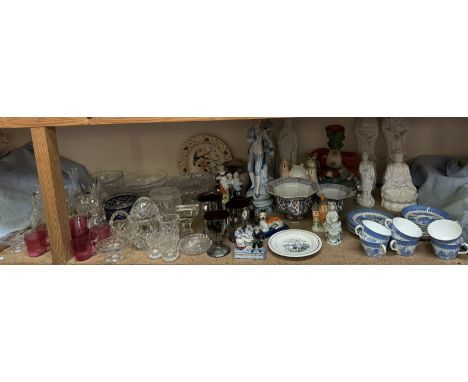 Assorted Blanc De Chine figures together with Staffordshire flatback cow and calf spill vase, Royal Worcester part tea servic