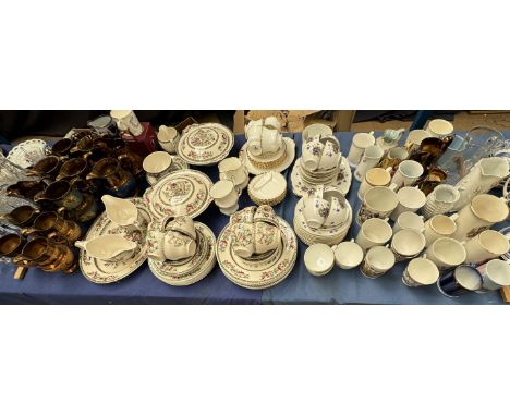 A Johnson Brothers Indian Tree pattern part tea and dinner service together with assorted part tea services, copper lustre ju