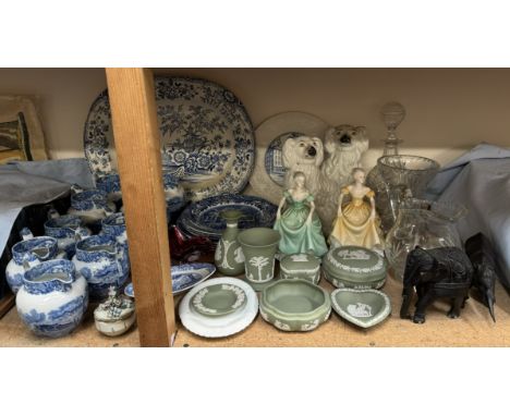 Collection of Spode blue and white pottery jugs, together with a Colandine pattern plate, Staffordshire dogs, wedgwood jasper