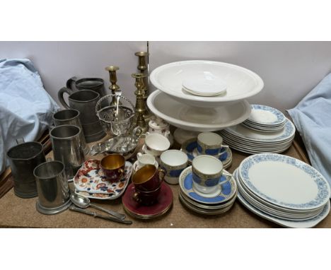 A Royal Doulton part dinner service together with other part tea sets, pewter tankards, brass candlesticks, electroplated ite