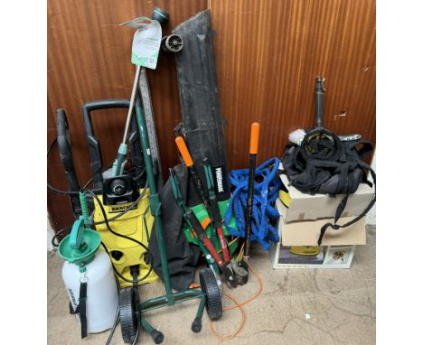 A Karcher K4 power washer together with a Black and Decker leaf blower, sprayer and other tools etc 