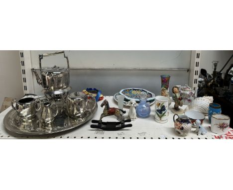 An electroplated five piece tea service together with hummel figures, pottery and glass etc 