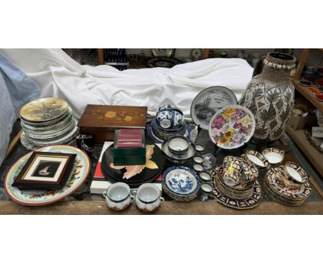 A silver model ship, framed together with a Royal Crown Derby part tea service, a Booths Real Old Willow part tea service, ma