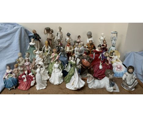Assorted Royal Doulton figures including Autumn Breezes, Falstaff, Ladies of the British Isles, together with a Paragon figur