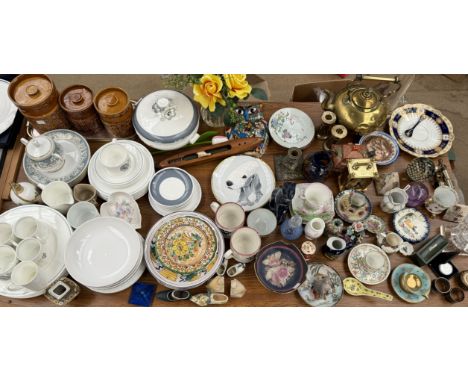 A Wedgwood Glen Mist part tea service together with Portmeirion storage jars, silver napkin rings, loom shuttle, brass kettle
