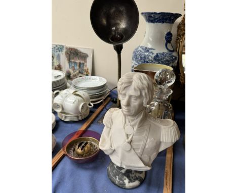 After Marshall Fredericks (1908-1998) A composition bust of Lord Nelson on a mottled green socle together with a table lamp, 