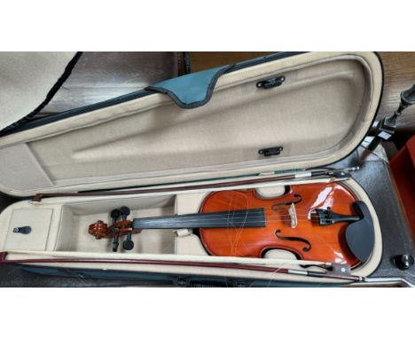 A Violin with a two piece back and line decoration, back 34cm long not including button, 56.5cm long overall together with tw