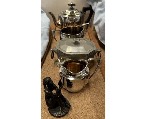 An electroplated three piece teaset together with a pewter tea caddy and bronze figure of a girl reading