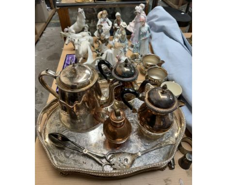 A collection of Royal Worcester, Coalport, Lladro, Beswick figures etc together with an electroplated tray and coffee pots et