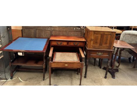 A Victorian mahogany tripod table together with a fold-over card table, an Edwardian mahogany piano stool, a reproduction mah