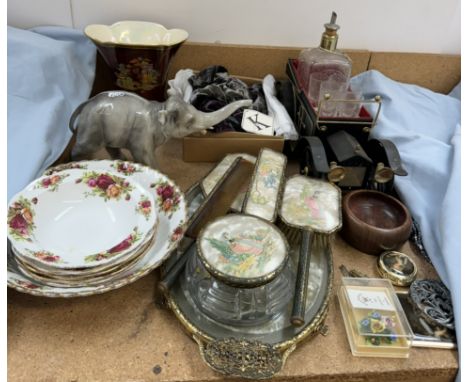 A Crown Devon pottery vase together with a part dressing table set, etc 