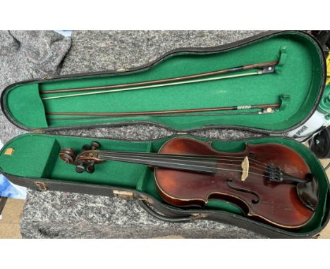 A Viola with a two piece back with ebony stringing together with two bows and a case, viola back approximately 39.5cm long no