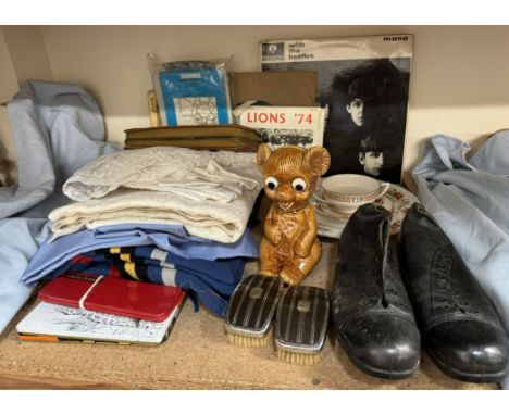 A collection of records including the Beatles, Lions '74 record, linen, boots, Royal Worcester etc 