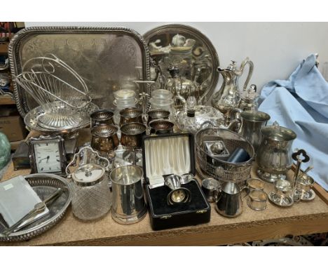 A twin handled electroplated tray together with assorted electroplated goblets, tankards, part tea service, cigarette box etc
