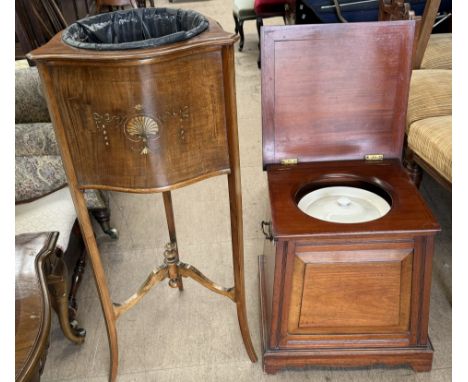 An Edwardian mahogany jardiniere stand of shaped triangular form on square tapering legs with transfer decoration together wi