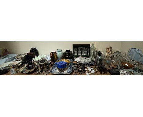 An electroplated cased part flatware service together with two pairs binoculars, blue and white plate, Poole pottery vase, la