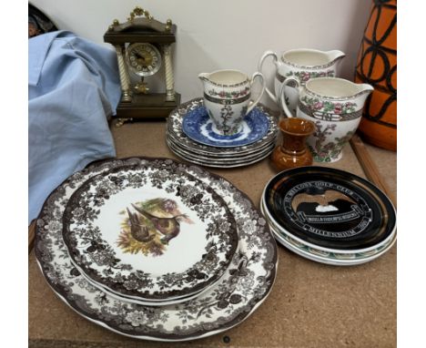 Palissy Game Series pattern plates together with a mantle clock, Graduated jugs, pottery plates etc 