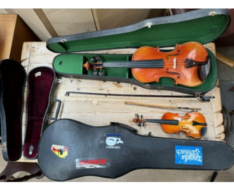 A modern violin with a one piece back and lined decoration, bears a label Jacobson 120 by Valentiraso, back 36cm long not inc