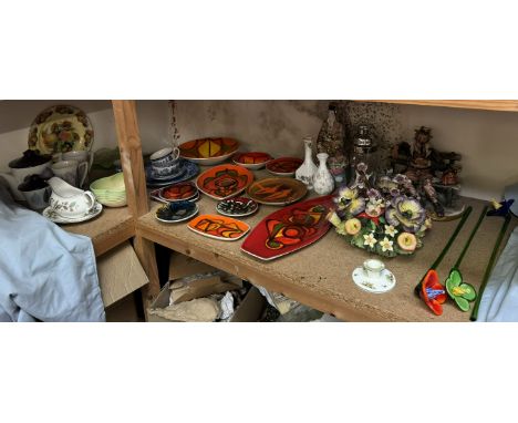 Assorted Poole pottery dishes and bowls together with a Capo Di Monte figure, floral centrepiece, glass flowers, Royal Worces