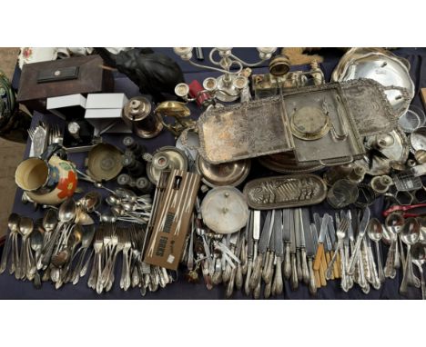 A sarcophagus tea caddy together with a Seiko 200M wristwatch together with assorted electroplated flatwares, candlesticks et
