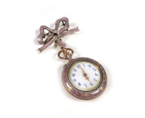 An Edwardian ladies fob watch, the white enamelled dial with blue Arabic numerals within a lilac guilloche enameled case susp