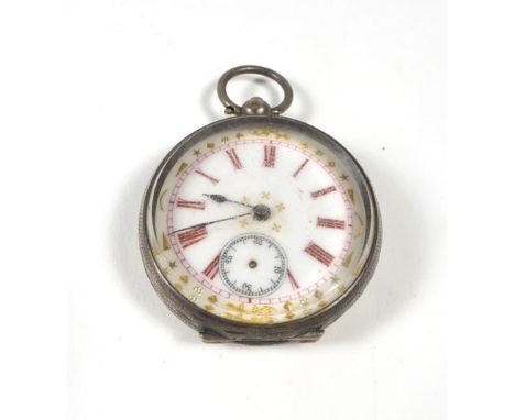 A 19th century continental silver cased ladies fob watch, the white enamel dial with red Roman numerals and second hand secti