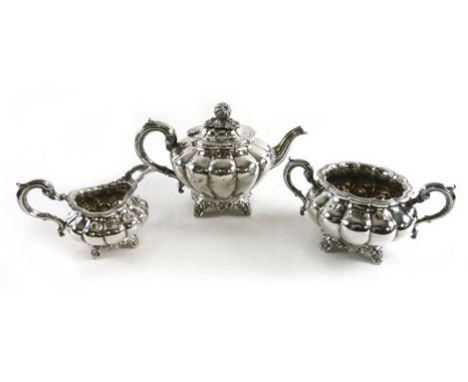 A silver hallmarked three piece tea set London 1845 with markings W R Simle. approximate weight 1444 grams 