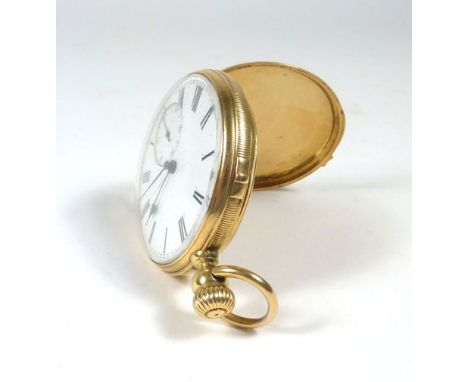 An 18ct yellow gold open faced pocket watch by Lang & Padoux, the white enamel dial with black Roman numerals and second hand