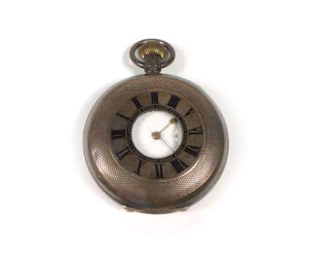 A continental silver cased half hunter pocket watch, the white enamel dial with black Roam numerals and second hand section w