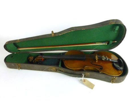 A cased one piece 36cm violin marked W. Henley's Celebrated Violin to the back of the peg box and a mother of pearl inlaid ta