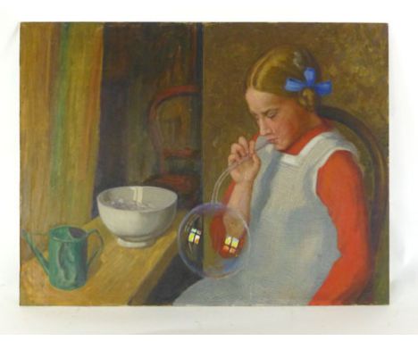 R. Salwen (1950/60's),a study of a girl blowing bubbles,signed,oil on board,61.5 x 80 cm