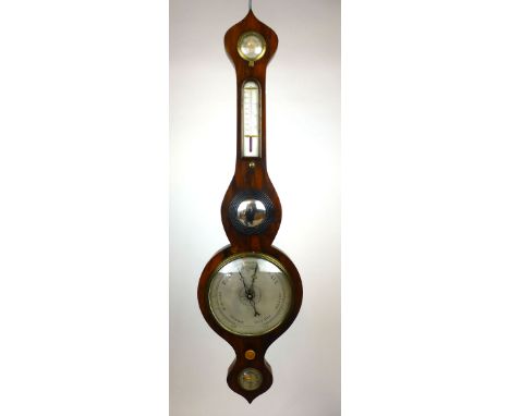 A Victorian gonalco alvez banjo barometer with engraved silvered weather dial below convex mirror, thermometer and dry/ damp 