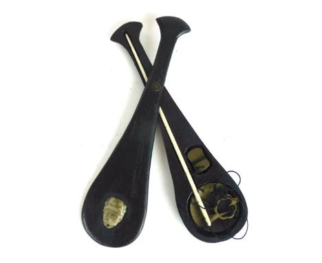 A set of Chinese ivory and brass miniature scales housed in a Huanghuali wooden case of teardrop form having hard stone chara