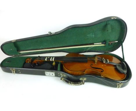 A cased one piece 36cm violin with bow 