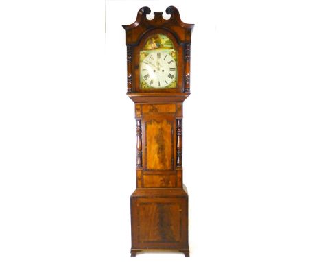An 18th century mahogany and rosewood cross banded long case clock, the swan-neck pediment above an enamelled face with Roman
