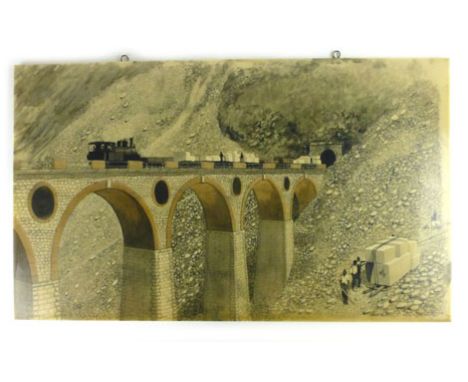 E Nardinisteam engine on viaduct transporting building blockspossible water colour on marble