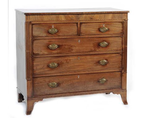 GEORGIAN MAHOGANY TWO OVER THREE CHEST OF DRAWERS WITH BRASS DROP HANDLES & IVORY ESCUTCHIONS ON BRACKET FEET.HEIGHT: 45 INCH