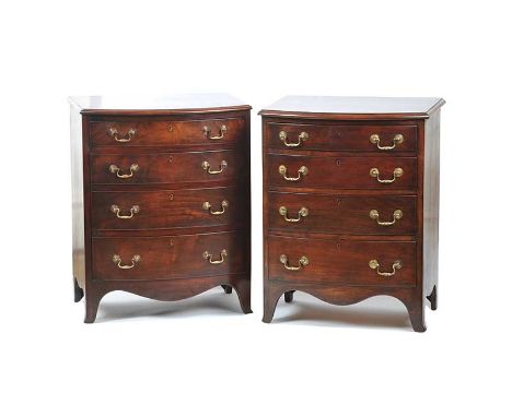 PAIR OF EDWARDIAN BOW FRONT CHEST OF FOUR DRAWERS WITH BRASS DROP HANDLES & BRACKET FEET.HEIGHT: 29 INCHES, WIDTH: 22 INCHES,